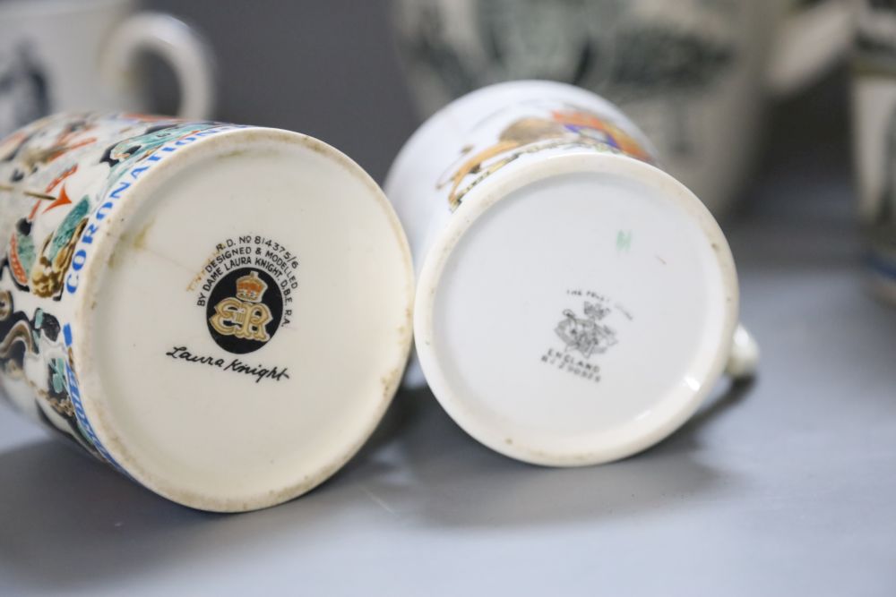 Commemorative ceramics including Coronation mug, 1937, designed by Dame Laura Knight, 8cm and a Copeland Spode Churchill jug, 16cm (6)